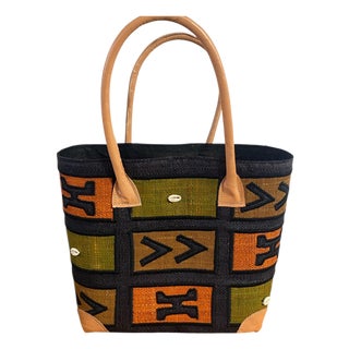 Sewn & Embroidered Large Raffia /Leather Tote Bag Madagascar For Sale