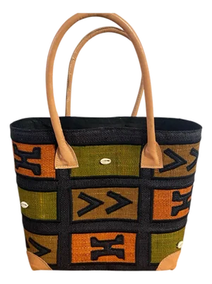 Sewn & Embroidered Large Raffia /Leather Tote Bag Madagascar