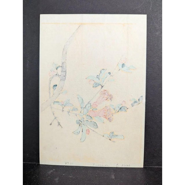 A small original Japanese woodblock print by Benji Asada (1899–1984), also known as Tangyu Asada, featuring vibrant coral-...