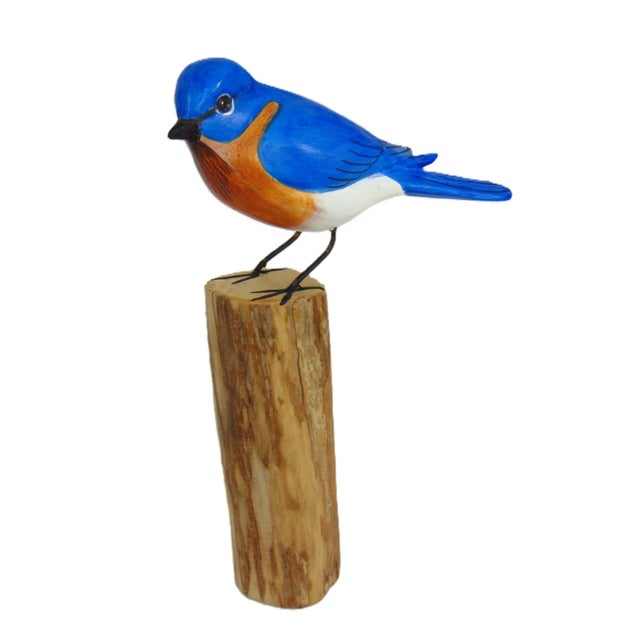 1990s Hand Carved Bluebird Handmade Hand Painted Bird 8"h Wood Carving For Sale - Image 5 of 8