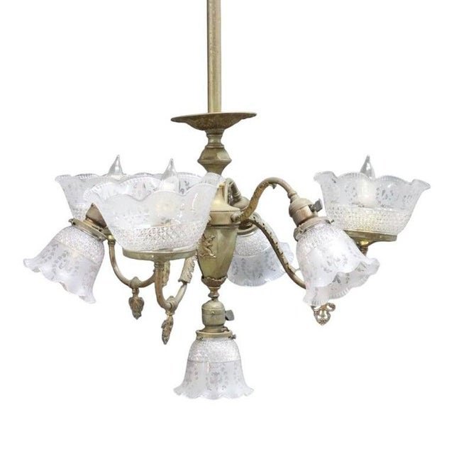 Late 19th Century Brass Electric & Gas 7-Light Chandelier & Diamond Cut Ruffled Glass Shades C1890 For Sale - Image 5 of 13