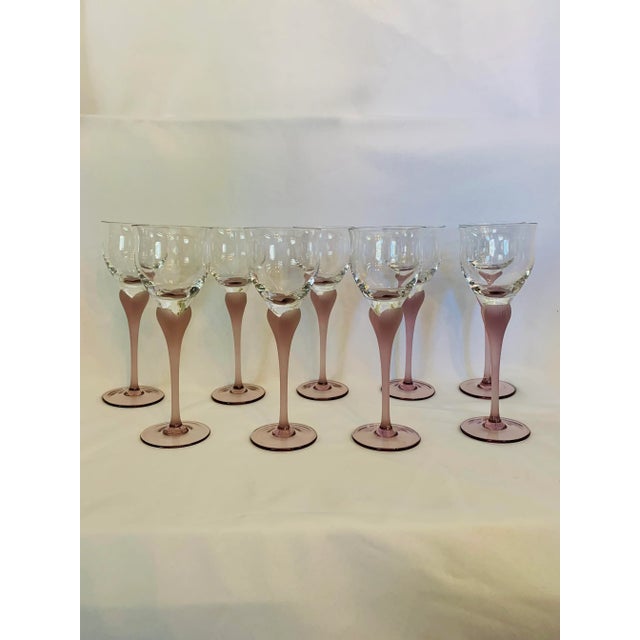 Glass Vintage Frosted Dusty Rose-Color Stem Deco-Style Wine Glasses- Set of 9 For Sale - Image 7 of 13