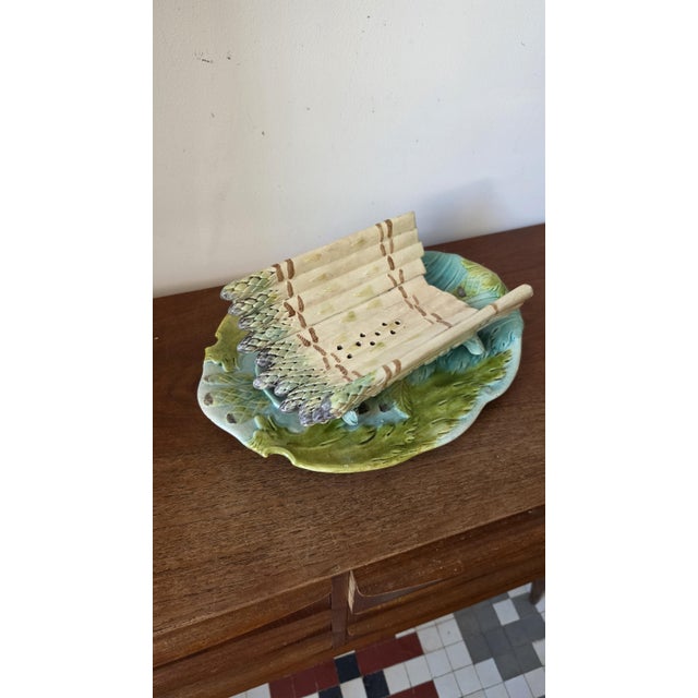 Ceramic Antique Majolica Asparagus Server Set, Ceramic Drainer & Platter, French Country Kitchen, Green Glaze Serving Dish For Sale - Image 7 of 11