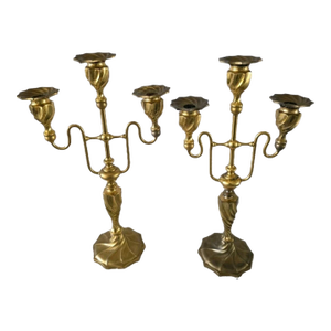 Two Vintage 3 Light Brass Metal churchAltar Candelabra Candlesticks 18" Decor