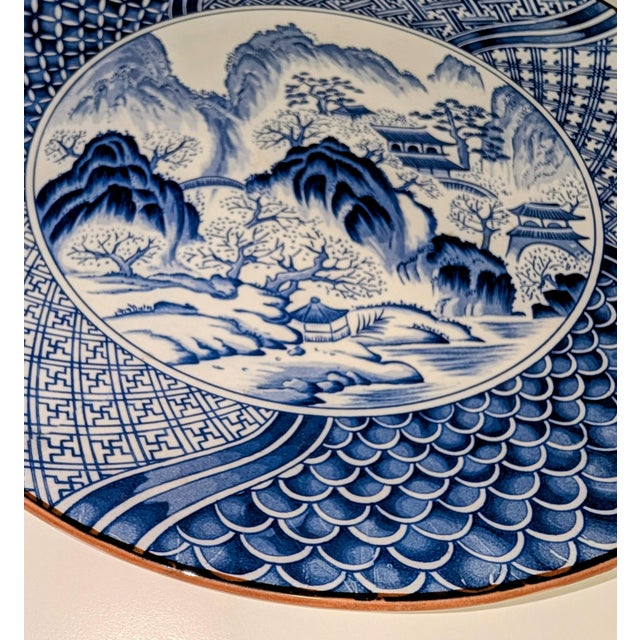 Japanese Large 14.5" Japanese Arita Blue and White Porcelain Landscape Charger Plate For Sale - Image 3 of 5