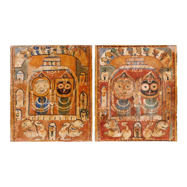 19th Century India Orissa Jagannath Vishnu Paintings Pair Set of Two Natural Pigments For Sale