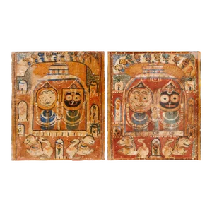 19th Century India Orissa Jagannath Vishnu Paintings Pair Set of Two Natural Pigments
