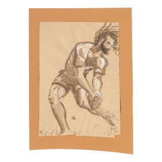 Evelyne Luez, Depicting a Rugby Player in Action, Watercolor on Crumpled Paper For Sale