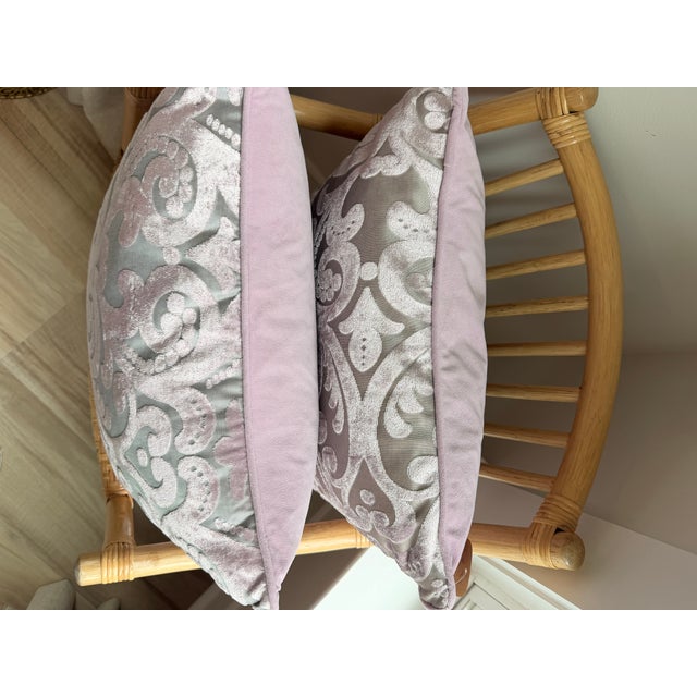 Pair of New Lilac Velvet Damask Throw Pillows With Down Inserts For Sale - Image 9 of 11