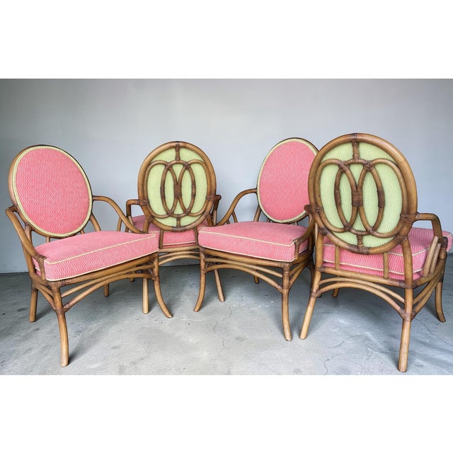 Hollywood Regency Vintage Medallion Back Rattan Dining Chairs With Custom Green and Pink Upholstery– Set of 4 For Sale - Image 3 of 12