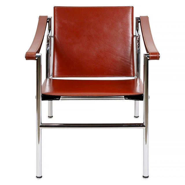 Vintage LC1 chair designed by Le Corbusier, Pierre Jeanneret, Charlotte Perriand, circa 1928. Base in chrome tubular...