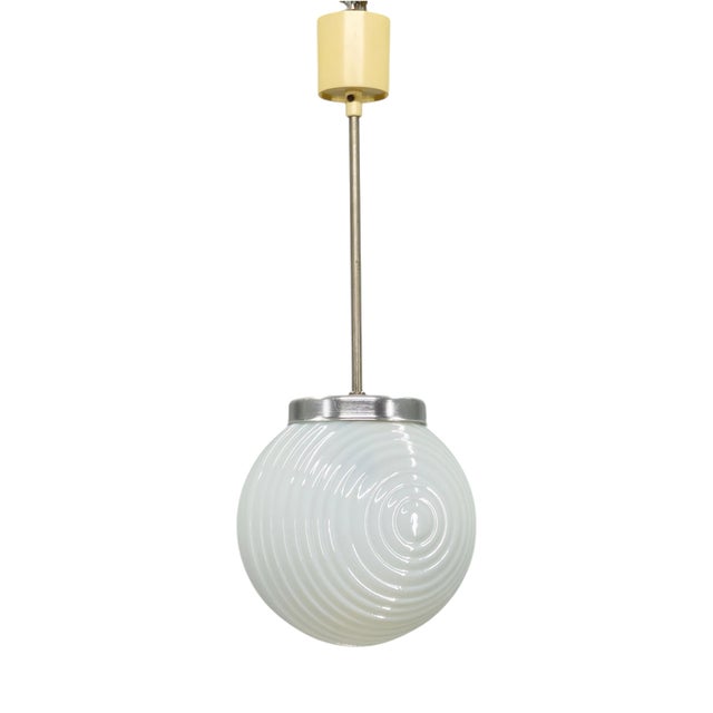 Czechoslovak Ribbed Opaline Glass Pendant Light, 1970s For Sale