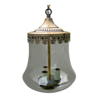 1950s Mid Century Smoked Glass Hanging Pendant W/Bronze Filigree Band & Hardware For Sale