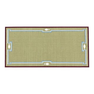 Handmade Cotton Dhurrie Runner, Olive Green and Wine Border Fish Patterned Runner Rug- 4'x20' For Sale