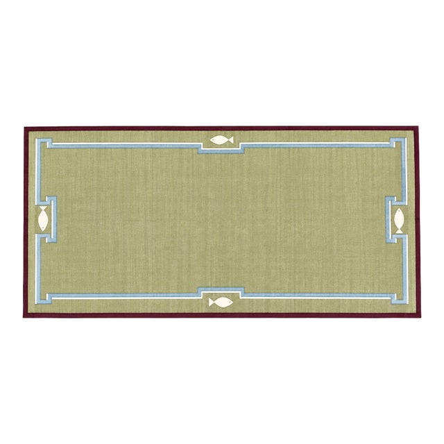 Handmade Cotton Dhurrie Runner, Olive Green and Wine Border Fish Patterned Runner Rug- 4'x20' For Sale
