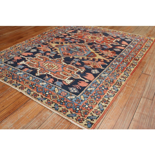 Persian Antique Zabihi Collection Traditional Persian Square Navy Geometric Heriz Rug - 3'7" x 4'3" For Sale - Image 3 of 7