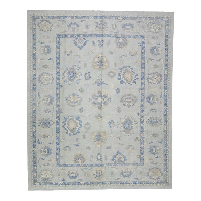 Early 21st Century Blue Floral Design Handwoven Wool Turkish Oushak Rug 9'4" X 11'5" For Sale