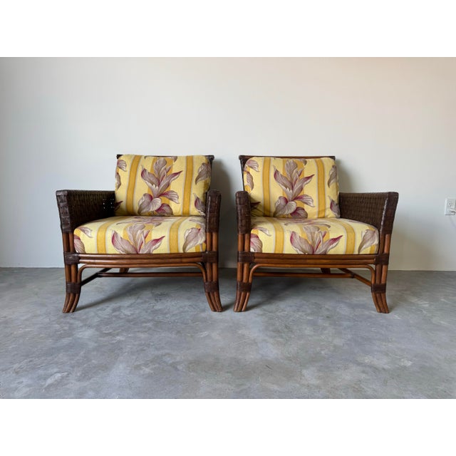 Traditional Palm Beach Regency - Style Palecek Rawhide Weave Lounge Chairs With Rattan Frame - A Pair For Sale - Image 3 of 12