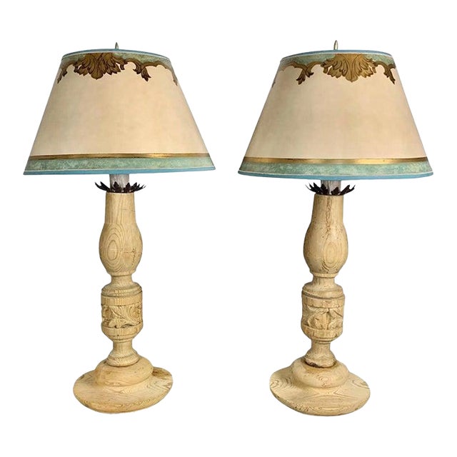 19th Century Italian Candlestick Lamps With Custom Parchment Shades - a Pair For Sale