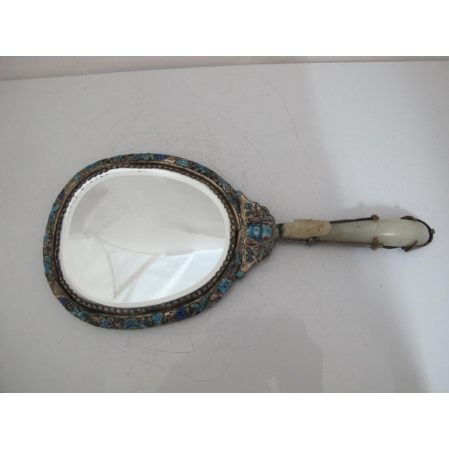 Antique Chinse Silver Turquoise Enamel Animal Woodland Design Jade Handle Mirror For Sale - Image 9 of 13
