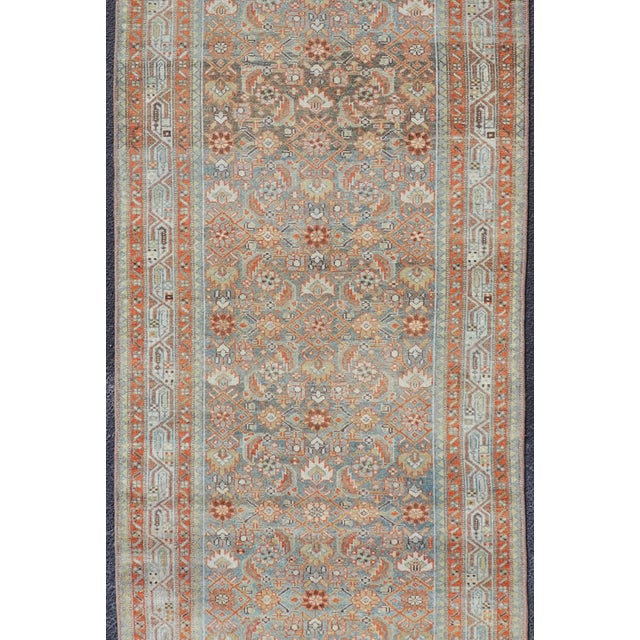 Textile Antique Persian Malayer Runner With Allover Motif's in Soft Blue Field 3'4 X17'0 For Sale - Image 7 of 12
