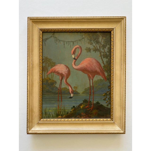 Wood Alfonso Toran Vintage Early 1950's Art Deco " Pink Flamingos " Framed One of a Kind Signed Realist Oil Paintings - Set of 2 For Sale - Image 7 of 12