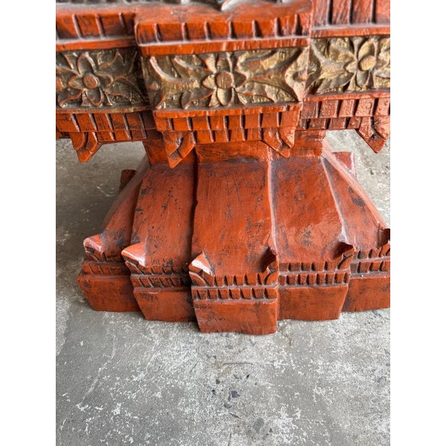 Wood Large Seated Buddha Sculpture in Carved Base Gilded Wood For Sale - Image 7 of 18