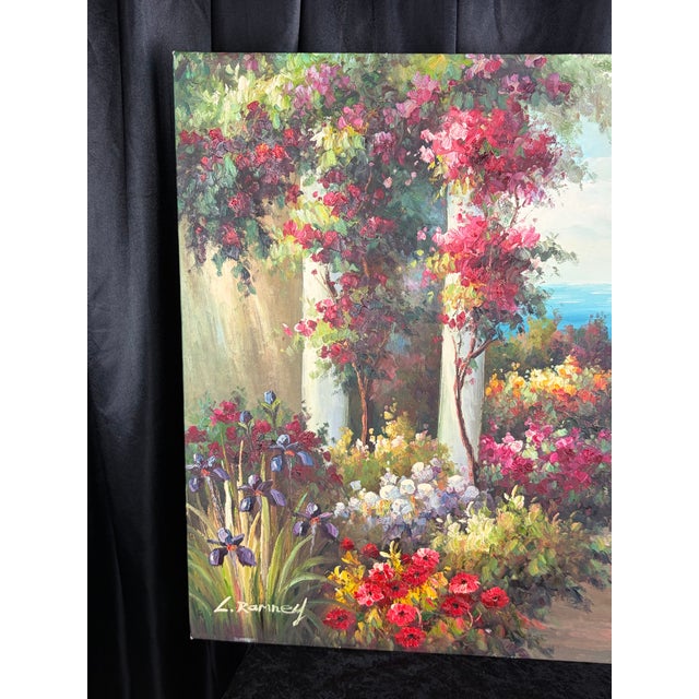 Vintage Italian Lake Como Oil Painting, Large Mediterranean Villa Garden Canvas Art 36" X 24" For Sale - Image 4 of 12