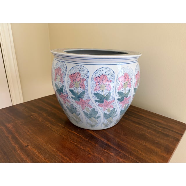 Chinoiserie Vintage Chinoiserie Blue, Pink & Green Floral Ceramic Fishbowl Planter For Sale - Image 3 of 10