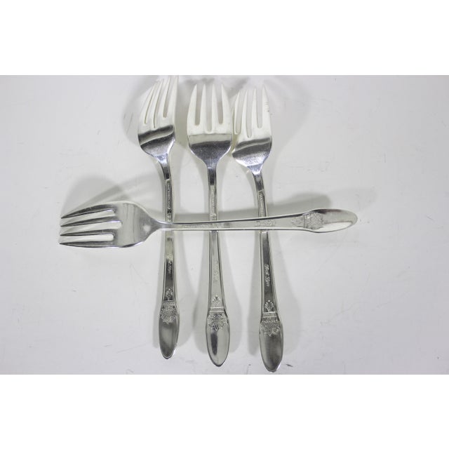 1937 First Love Set of 4 Vintage Silver Individual Salad Forks Slot Tine, Rogers, Four Plated Matching, Small Dessert Fork For Sale - Image 9 of 9