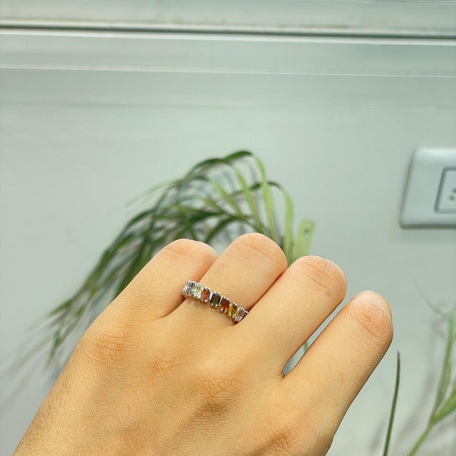 Boho 3.74 Ct Oval Multicolor Tourmaline Full Eternity Ring in 925 Sterling Silver Size 7.5 For Sale - Image 10 of 15