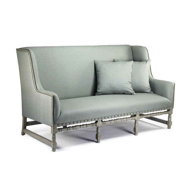 Aubert High-back Settee Bench - Seafoam Linen / Olive Painted Frame For Sale - Image 4 of 4