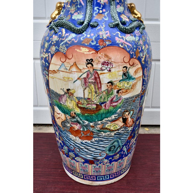 Chinese 42 Chinese Floor Vase Famille Rose Gilt Dragon Handles Sanxing Star Gods For Sale - Image 3 of 16