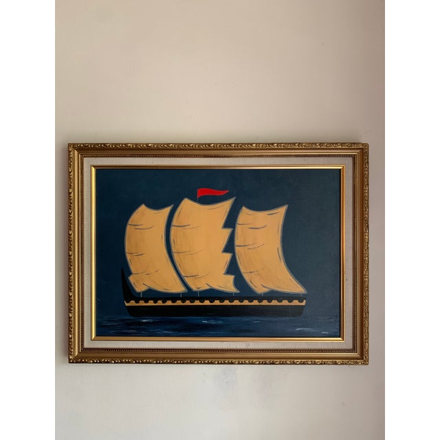 This richly layered maritime painting features a black vessel set against a deep navy sky, with water rendered in varying...