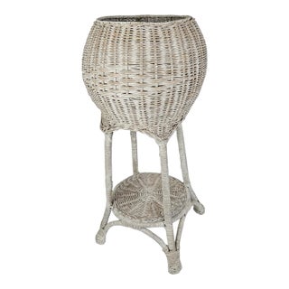 Vintage White Wicker Planter Plant Stand Holder For Sale