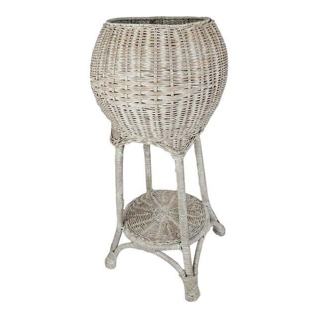 Vintage White Wicker Planter Plant Stand Holder For Sale