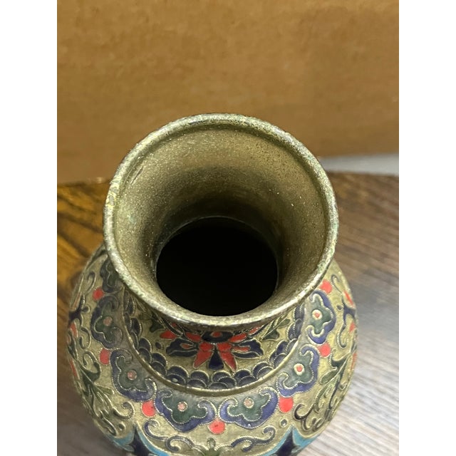 Vintage Chinese Cloisonné Enamel Vase With Pink Peony & Floral Motif, Beijing, China For Sale In Atlanta - Image 6 of 8