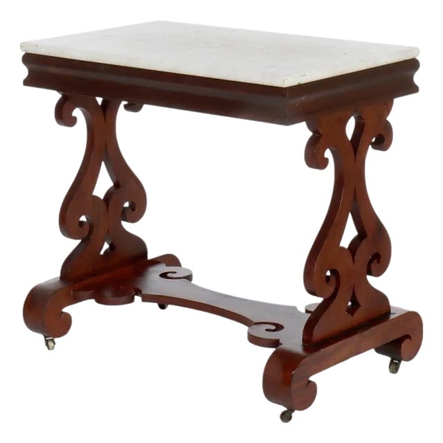Antique Quervelle School Classical Flame Mahogany Marble Top Trestle Table C1840 For Sale