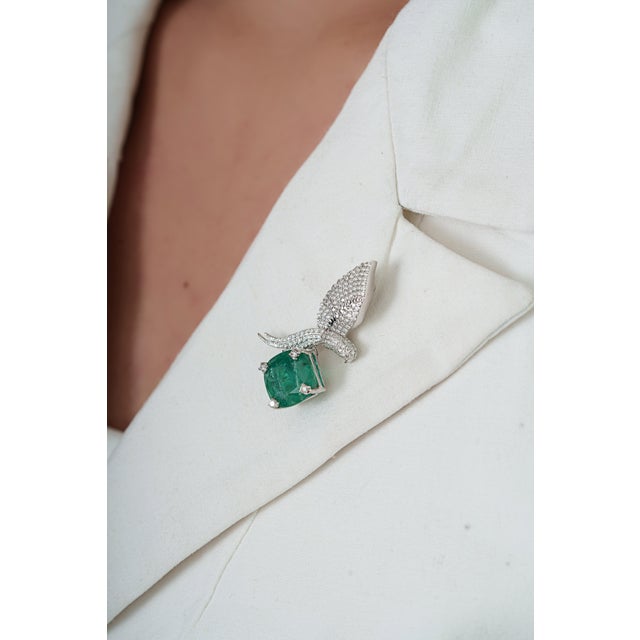 Not Yet Made - Made To Order Nature-Inspired 6.59ct Cushion Emerald & Diamond Bird Brooch in 14k White Gold For Sale - Image 5 of 14