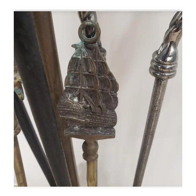William IV Brass and Steel Fireplace Tools on Marble Stand, Set of 7, C. 1830s For Sale - Image 9 of 12