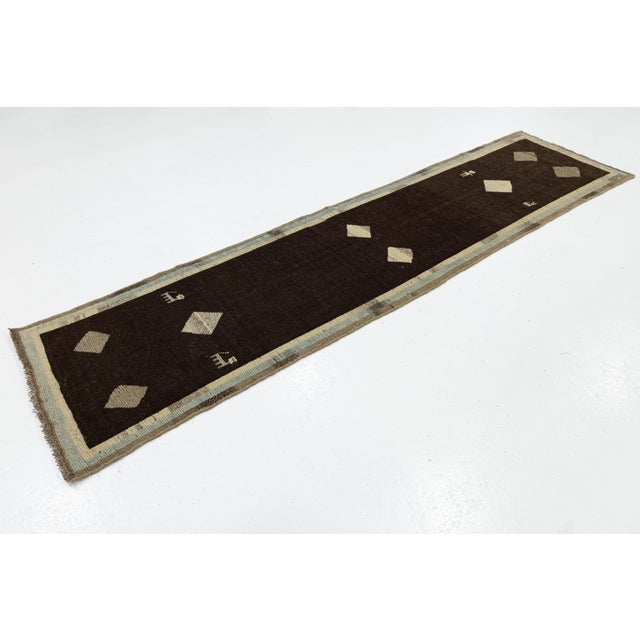 Textile Modern Hand-Knotted Gabbeh Wool Runner – Tribal Geometric Design – Earthy Brown For Sale - Image 7 of 7