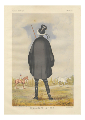 After Bisetzky, French Belle Époque Racing Caricature of Mr. Charles Lafitte, Chromolithograph, 1884