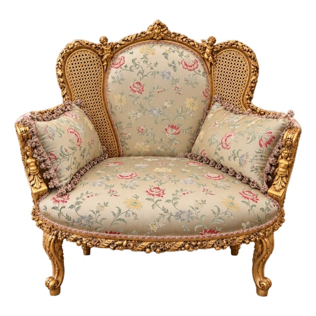 1960 French Artisan Louis XVI Gold Beech Damask Settee For Sale