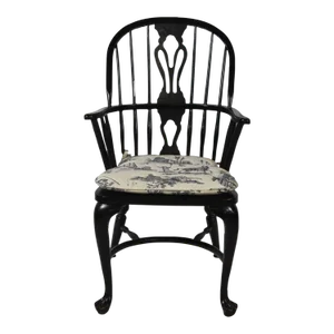 Black English Style Arm Windsor Chair Bench Made With Toile Blue Chair Pad
