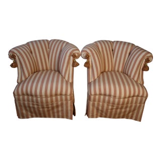 1950s Pair of English Traditional Mahogany Tufted & Skirted Arm Chairs For Sale