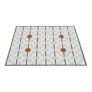 Handmade Cotton Vegetable Dyed Area Rug, Cream, Sky Blue, Sage Green Star Dash Dhurrie-6x9 For Sale