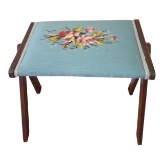 Vintage Needlepoint Floral Danish Style Foot Stool For Sale