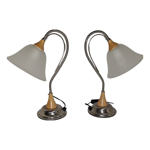 Vintage Table Lamps in Metal Frame with Beechwood and White Glass Shade, 1990s, Set of 2 For Sale