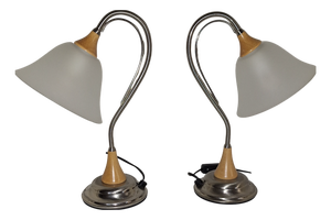 Vintage Table Lamps in Metal Frame with Beechwood and White Glass Shade, 1990s, Set of 2