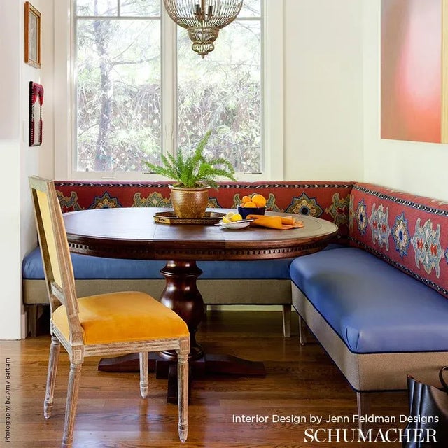 This ethnic beauty is hand-printed on a Linen and jute ground and is embellished with hand-guided embroidery. Subtle...